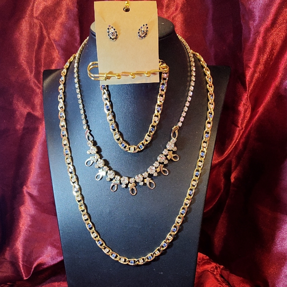 Vintage Gold Tone Set Ncklc & BrcLt#1-White/Blue Nck#2-White Rhinestones